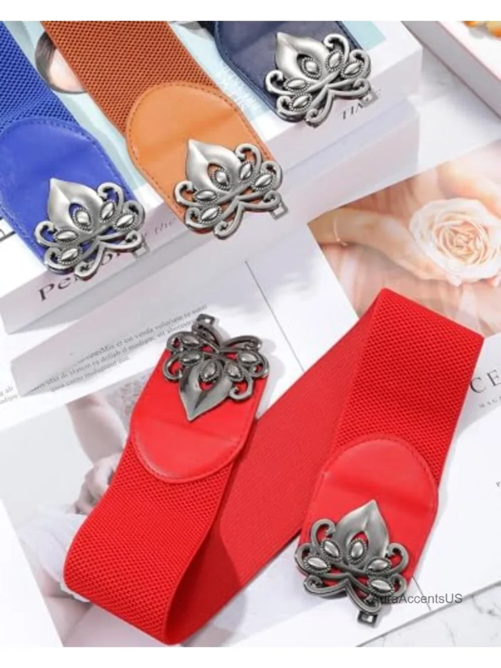 6 Pack Wide Stretchy Waist Belt PU Leather Vintage Flower Buckle